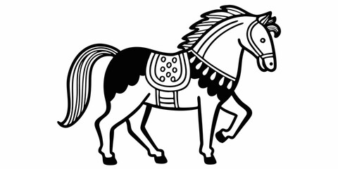 Fototapeta premium Stylized black and white horse with saddle and decorative mane in a graphic illustration form