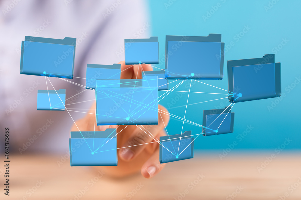 Poster visual representation of interconnected digital files, illustrating cloud storage and data networkin