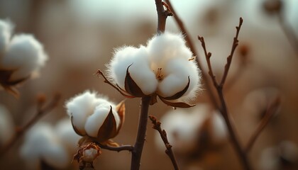 Cotton plants bloom in a vast field during early morning light, showcasing the soft fibers ready for harvest in a rural setting Generative AI