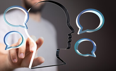 Person interacts with digital speech bubbles, symbolizing communication and ideas.