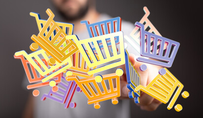 Colorful 3D shopping cart icons floating, symbolizing online shopping, e-commerce, and retail.