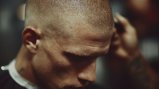 Close up of a man's head being shaved with electric clippers by a barber with tattooed arms, haircut in progress, shallow depth of field