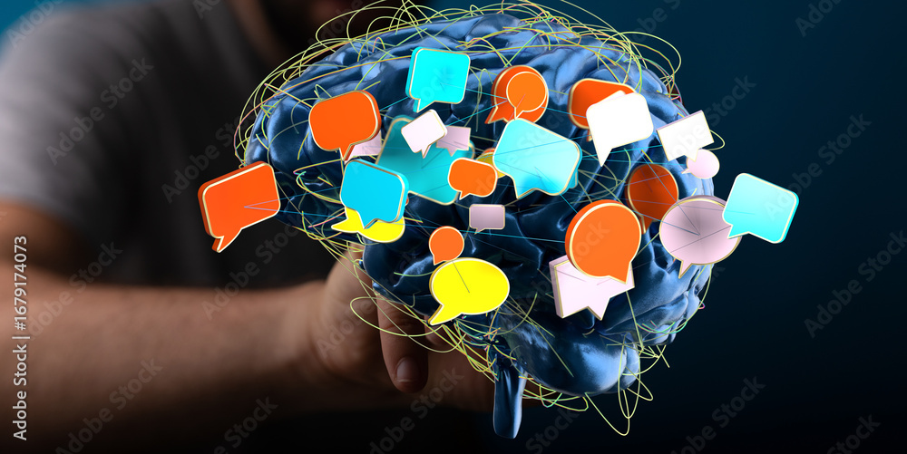 Poster abstract image of a brain with colorful speech bubbles, symbolizing communication, ideas, and mental