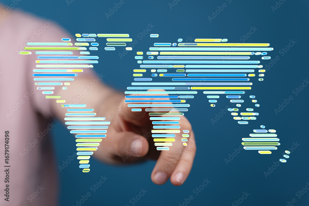 Poster hand pointing at a digital world map, illustrating global connectivity and networking.