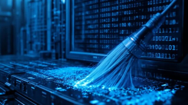 Futuristic data cleaning technology interface, sweeping blue binary code, erasing data. 4k video