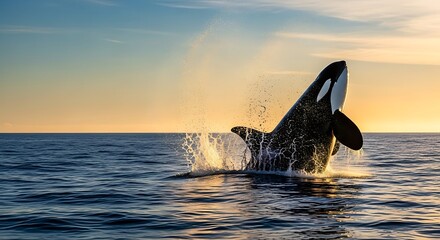 Fototapeta premium Orca leaping out of the ocean at sunset.