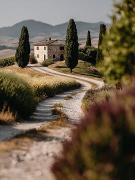 Traditional Italian architecture with historic villas, stone houses and courtyards. Scenic Tuscan landscapes with cypress trees, vineyards and rolling hills. Authentic Mediterranean travel atmosphere