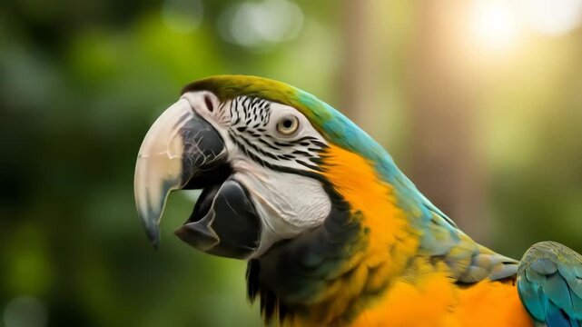 Colorful parrot with open beak against a blurry green background.
