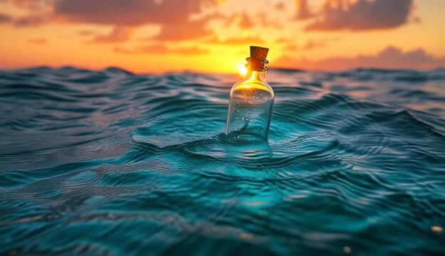 Glass bottle with cork floating in ocean waves at sunset, message in a bottle, turquoise blue water with gentle waves, warm orange and pink sunset sky
