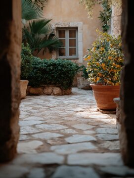 Traditional Italian architecture with historic villas, stone houses and courtyards. Scenic Tuscan landscapes with cypress trees, vineyards and rolling hills. Authentic Mediterranean travel atmosphere