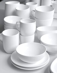 A collection of various white ceramic tableware pieces arranged in an artful display.