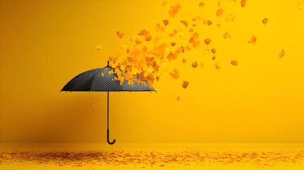 Black umbrella releasing golden autumn leaves on yellow background
