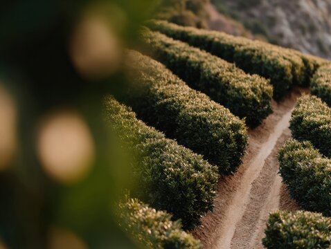 Close-up details of Tuscan nature with branches, leaves and plants. Rustic Mediterranean textures of grass, trees and vineyards in natural light