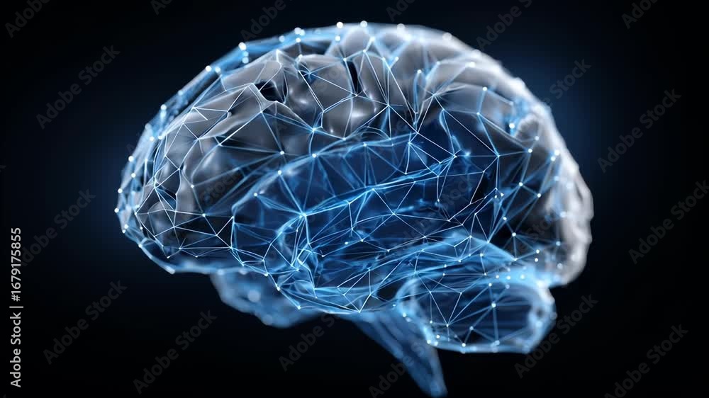 Poster polygonal brain glowing on dark background, symbolizing artificial intelligence, deep and learning n