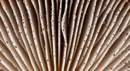 Macro photograph showcasing the intricate gills of a mushroom adorned with dewdrops in a captivating close-up view