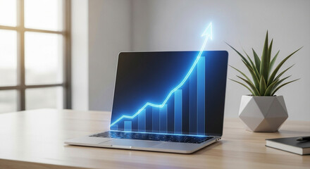 Photo of a laptop displays a glowing blue upward trending graph with bars and an arrow, symbolizing financial growth and success