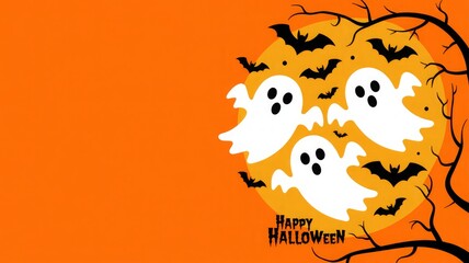 Whimsical Halloween scene with friendly ghosts and flying bats against an orange background. halloween background with ghost
