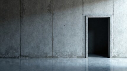Fototapeta premium A minimalist concrete room featuring a doorway leading to a shadowed interior space, ideal for design projects and architectural visualizations