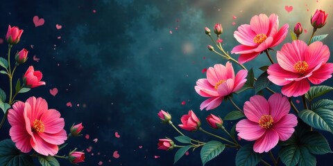 A vibrant display of pink blossoms, delicately arranged against a deep teal backdrop, with falling petals and hearts adding a touch of romance and whimsy to the scene.