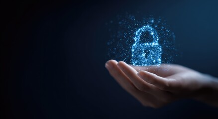 Hand holding a glowing digital padlock, symbolizing cybersecurity and data protection.