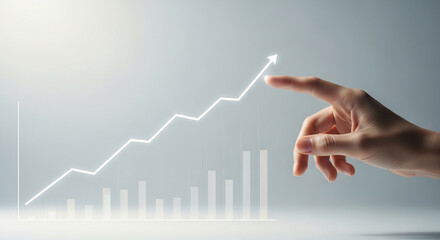 Hand interacting with upward trending graph, showcasing business growth and success, symbolizing progress and achievement in a minimalist style