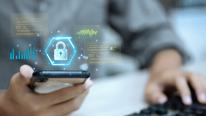 Hand holding smartphone with cyber security lock icon and data visualization, online protection and privacy concept