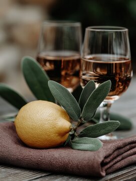 Rustic Italian still life with lemons, fruits and Mediterranean textures. Wooden tables, stone walls and authentic Italian kitchen atmosphere