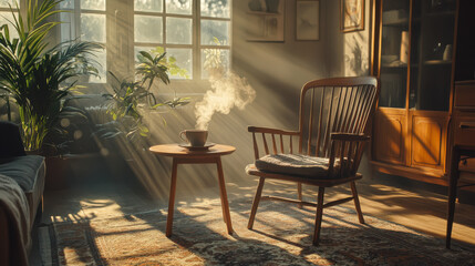 Fototapeta premium Levitating wooden chair in a cozy vintage living room with warm light, floating dust particles. A steaming coffee cup adds charm to the surreal scene.