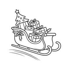 Black and white line drawing of a Christmas sleigh filled with gifts and a decorated tree presents