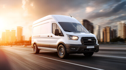 Obraz premium White delivery van driving fast on highway at sunset in the city