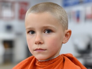 Young child with a blonde buzz cut and serious blue gray eyes, wearing a orange red barber cape, portrait with a softly blurred colorful background