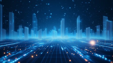 A digital and futuristic cityscape with skyscrapers and glowing grid lines on a dark background.

