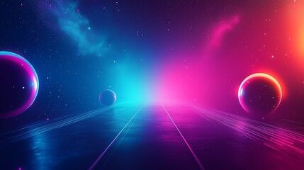 A futuristic, neon-lit road or corridor with glowing spheres and a colorful sky.

