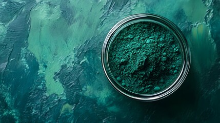Spirulina Superfood Powder in Glass Jar Against Painted Textured Background
