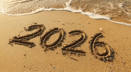 Sandy beach with the year 2026 written in the sand