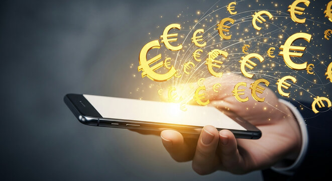 Hand holds smartphone, golden euro symbols radiate outwards, symbolizing mobile finance, online banking, digital money transfer, and financial technology