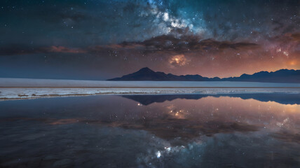 Enchanting Milky Way mirroring over tranquil Bonneville Salt Flats landscape at night creating a dreamlike scenery