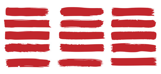 Twelve textured horizontal red brush strokes arranged symmetrically on a clean white background, presenting elements