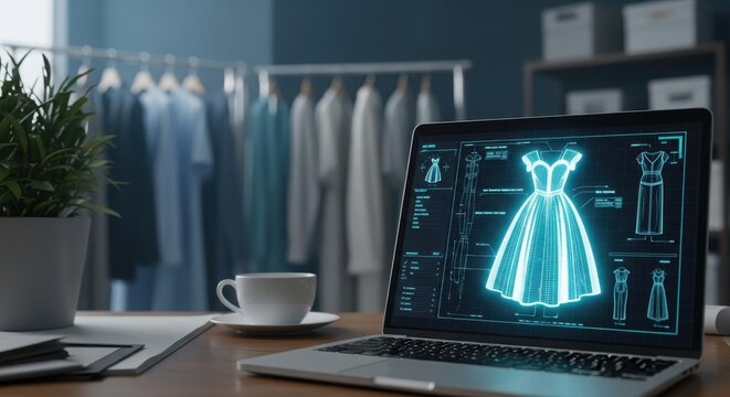 Fashion designer using laptop to create a dress blueprint in a studio