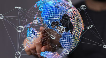 Digital globe with interconnected nodes, visualizing global data flow and network connections.