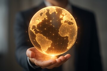 Businessman holding a golden holographic globe representing global finance and international investment.
