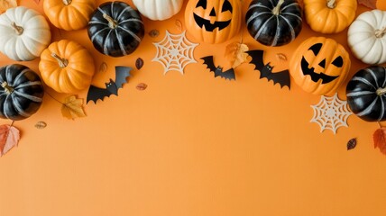 A festive halloween border of carved pumpkins bats and decorations on an orange background