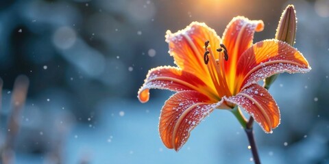 A vibrant orange lily, delicately dusted with a light snowfall, basks in the warm glow of the setting sun, a breathtaking scene of winter's gentle touch on springtime's beauty.