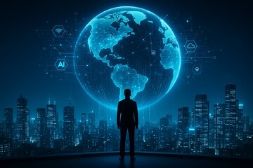 Visionary leader overlooking a futuristic smart city with a holographic globe and an artificial intelligence network.