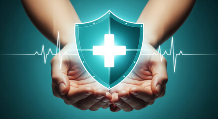 Hands gently hold a glowing shield with a cross, symbolizing health protection and care,  representing safety and well-being