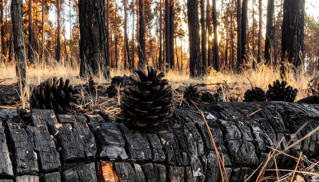 Charred log with pine cones in a sunlit forest