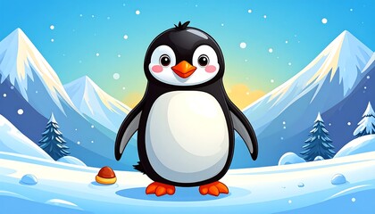 Cute penguin in snowy landscape