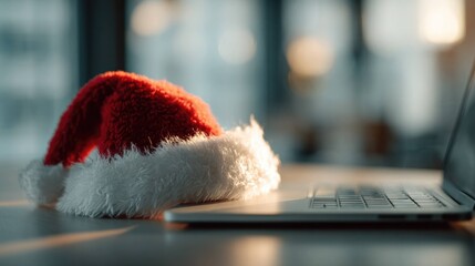 Santa hat on laptop for holiday e-commerce and online shopping concept