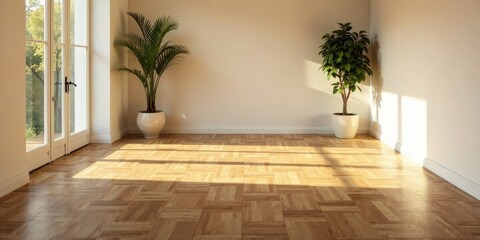 Sunlight Illuminates a Room with Hardwood Flooring and Potted Plants