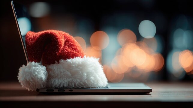 Santa hat on laptop for holiday e-commerce and online shopping concept